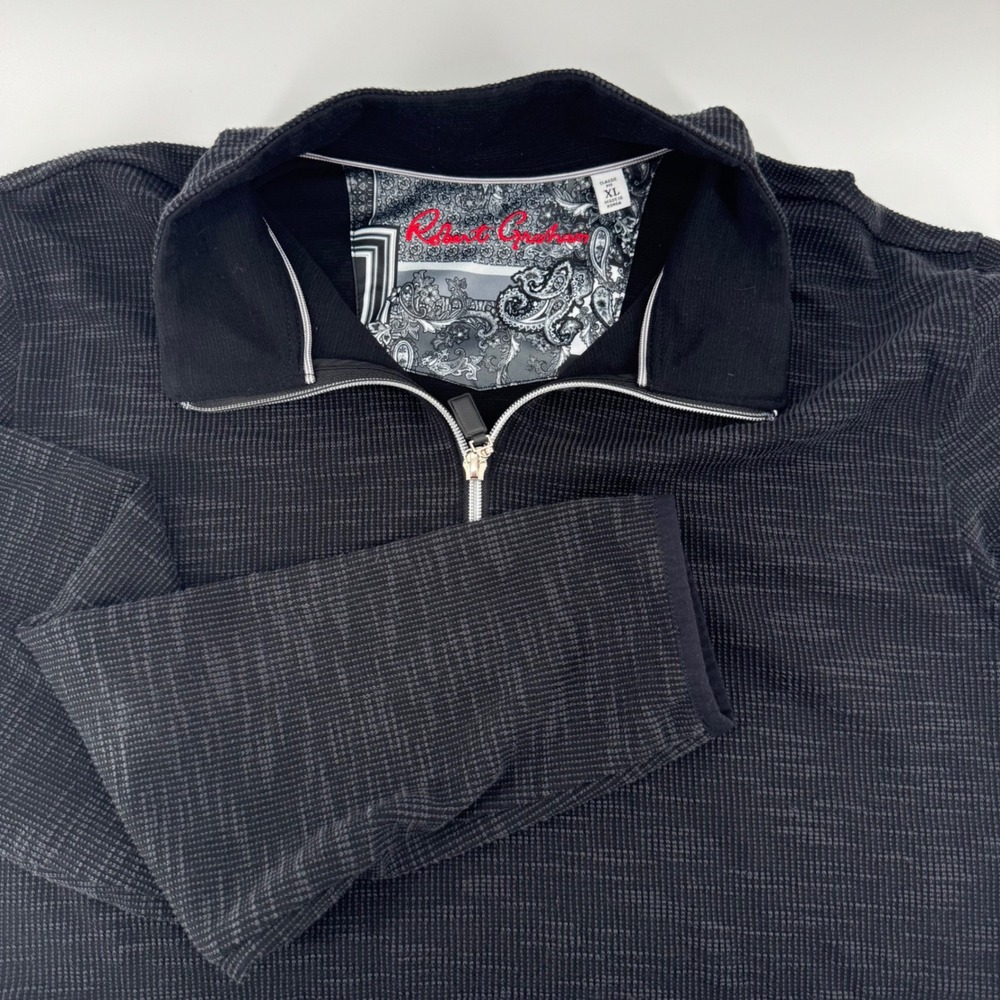 Robert Graham Mens XL Classic Fit Quarter Zip Pullover Textured Knit Grey Black